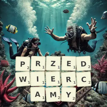 Kreatywna ilustracja do gry w Scrabble ze słowem PRZEDWIERCAMY ułożonym z płytek na planszy.