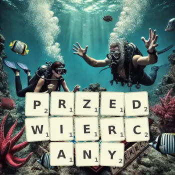 Kreatywna ilustracja do gry w Scrabble ze słowem PRZEDWIERCANY ułożonym z płytek na planszy.