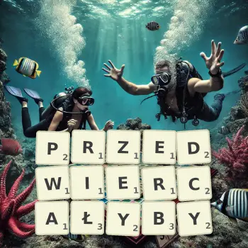 Kreatywna ilustracja do gry w Scrabble ze słowem PRZEDWIERCAŁYBY ułożonym z płytek na planszy.