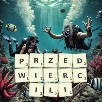 Kreatywna ilustracja do gry w Scrabble ze słowem PRZEDWIERCILI ułożonym z płytek na planszy.