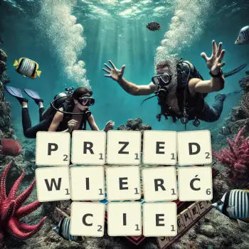 Kreatywna ilustracja do gry w Scrabble ze słowem PRZEDWIERĆCIE ułożonym z płytek na planszy.