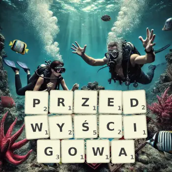 Kreatywna ilustracja do gry w Scrabble ze słowem PRZEDWYŚCIGOWA ułożonym z płytek na planszy.