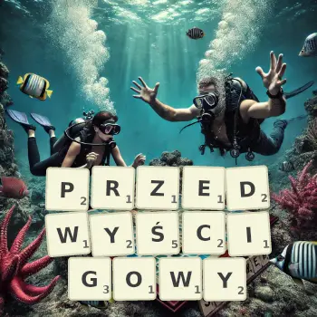 Kreatywna ilustracja do gry w Scrabble ze słowem PRZEDWYŚCIGOWY ułożonym z płytek na planszy.