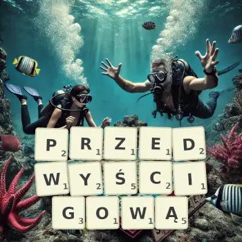 Kreatywna ilustracja do gry w Scrabble ze słowem PRZEDWYŚCIGOWĄ ułożonym z płytek na planszy.