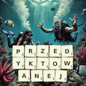 Kreatywna ilustracja do gry w Scrabble ze słowem PRZEDYKTOWANEJ ułożonym z płytek na planszy.