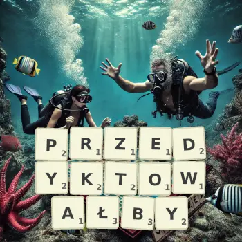 Kreatywna ilustracja do gry w Scrabble ze słowem PRZEDYKTOWAŁBY ułożonym z płytek na planszy.