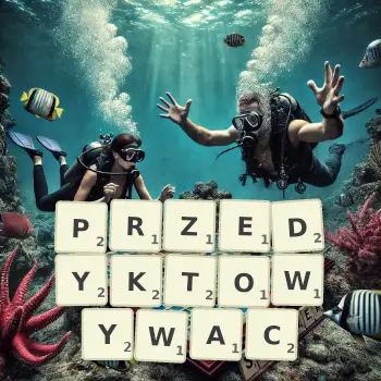 Kreatywna ilustracja do gry w Scrabble ze słowem PRZEDYKTOWYWAC ułożonym z płytek na planszy.