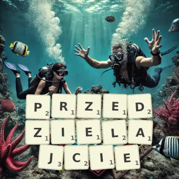 Kreatywna ilustracja do gry w Scrabble ze słowem PRZEDZIELAJCIE ułożonym z płytek na planszy.