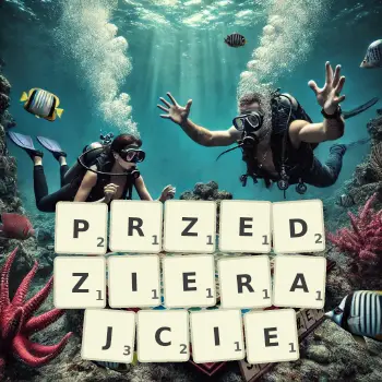 Kreatywna ilustracja do gry w Scrabble ze słowem PRZEDZIERAJCIE ułożonym z płytek na planszy.
