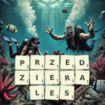 Kreatywna ilustracja do gry w Scrabble ze słowem PRZEDZIERALES ułożonym z płytek na planszy.