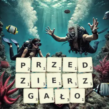 Kreatywna ilustracja do gry w Scrabble ze słowem PRZEDZIERZGAŁO ułożonym z płytek na planszy.