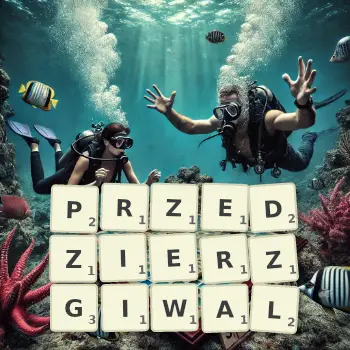 Kreatywna ilustracja do gry w Scrabble ze słowem PRZEDZIERZGIWAL ułożonym z płytek na planszy.