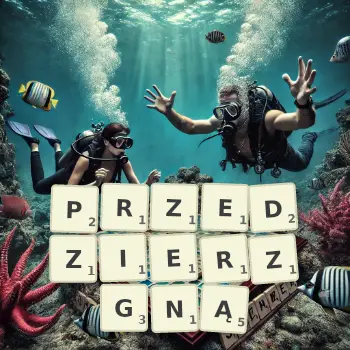 Kreatywna ilustracja do gry w Scrabble ze słowem PRZEDZIERZGNĄ ułożonym z płytek na planszy.