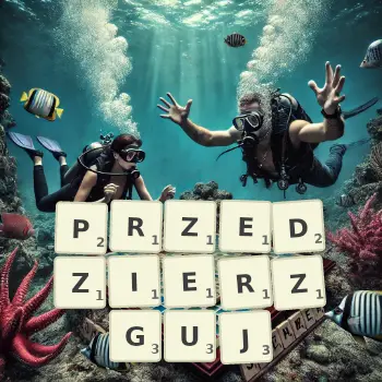Kreatywna ilustracja do gry w Scrabble ze słowem PRZEDZIERZGUJ ułożonym z płytek na planszy.