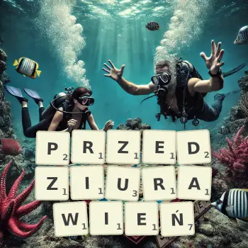Kreatywna ilustracja do gry w Scrabble ze słowem PRZEDZIURAWIEŃ ułożonym z płytek na planszy.