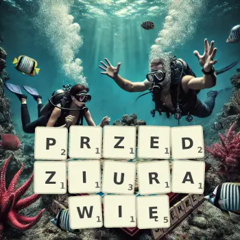 Kreatywna ilustracja do gry w Scrabble ze słowem PRZEDZIURAWIĘ ułożonym z płytek na planszy.