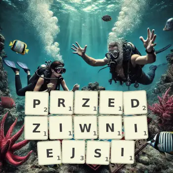 Kreatywna ilustracja do gry w Scrabble ze słowem PRZEDZIWNIEJSI ułożonym z płytek na planszy.