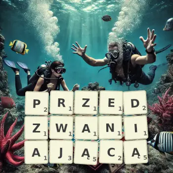 Kreatywna ilustracja do gry w Scrabble ze słowem PRZEDZWANIAJĄCĄ ułożonym z płytek na planszy.