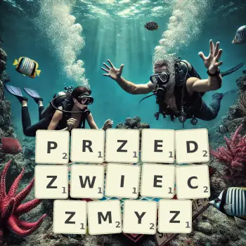 Kreatywna ilustracja do gry w Scrabble ze słowem PRZEDZWIECZMYZ ułożonym z płytek na planszy.