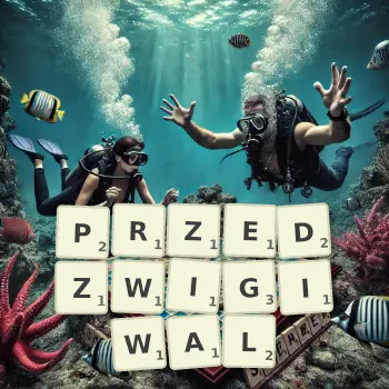 Kreatywna ilustracja do gry w Scrabble ze słowem PRZEDZWIGIWAL ułożonym z płytek na planszy.