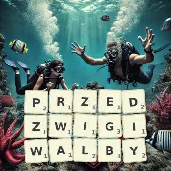 Kreatywna ilustracja do gry w Scrabble ze słowem PRZEDZWIGIWALBY ułożonym z płytek na planszy.