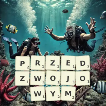 Kreatywna ilustracja do gry w Scrabble ze słowem PRZEDZWOJOWYM ułożonym z płytek na planszy.