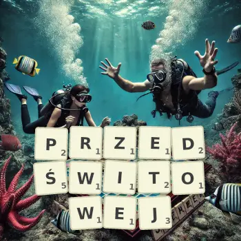 Kreatywna ilustracja do gry w Scrabble ze słowem PRZEDŚWITOWEJ ułożonym z płytek na planszy.