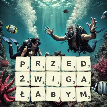 Kreatywna ilustracja do gry w Scrabble ze słowem PRZEDŹWIGAŁABYM ułożonym z płytek na planszy.