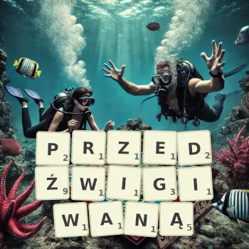 Kreatywna ilustracja do gry w Scrabble ze słowem PRZEDŹWIGIWANĄ ułożonym z płytek na planszy.
