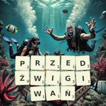 Kreatywna ilustracja do gry w Scrabble ze słowem PRZEDŹWIGIWAŃ ułożonym z płytek na planszy.