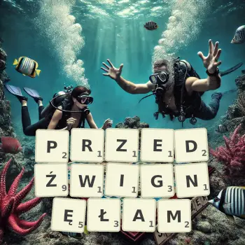 Kreatywna ilustracja do gry w Scrabble ze słowem PRZEDŹWIGNĘŁAM ułożonym z płytek na planszy.