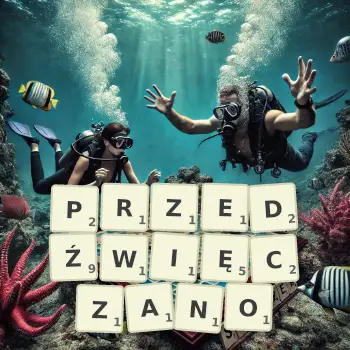 Kreatywna ilustracja do gry w Scrabble ze słowem PRZEDŹWIĘCZANO ułożonym z płytek na planszy.