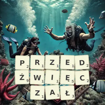 Kreatywna ilustracja do gry w Scrabble ze słowem PRZEDŹWIĘCZAŁ ułożonym z płytek na planszy.