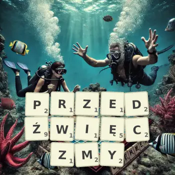 Kreatywna ilustracja do gry w Scrabble ze słowem PRZEDŹWIĘCZMY ułożonym z płytek na planszy.