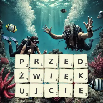 Kreatywna ilustracja do gry w Scrabble ze słowem PRZEDŹWIĘKUJCIE ułożonym z płytek na planszy.