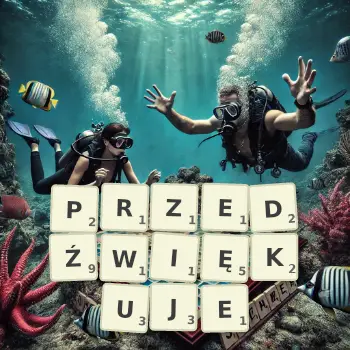 Kreatywna ilustracja do gry w Scrabble ze słowem PRZEDŹWIĘKUJE ułożonym z płytek na planszy.
