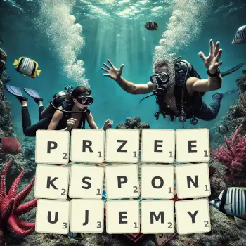 Kreatywna ilustracja do gry w Scrabble ze słowem PRZEEKSPONUJEMY ułożonym z płytek na planszy.