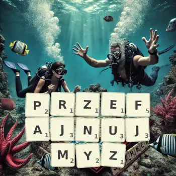 Kreatywna ilustracja do gry w Scrabble ze słowem PRZEFAJNUJMYZ ułożonym z płytek na planszy.