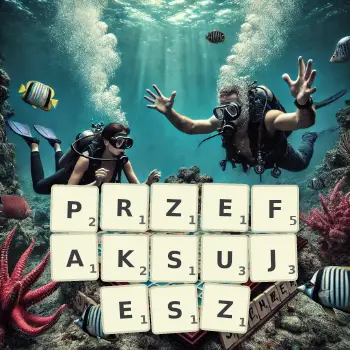Kreatywna ilustracja do gry w Scrabble ze słowem PRZEFAKSUJESZ ułożonym z płytek na planszy.