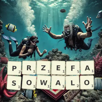 Kreatywna ilustracja do gry w Scrabble ze słowem PRZEFASOWALO ułożonym z płytek na planszy.