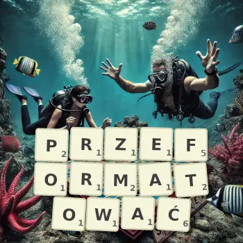 Kreatywna ilustracja do gry w Scrabble ze słowem PRZEFORMATOWAĆ ułożonym z płytek na planszy.