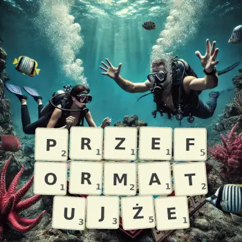 Kreatywna ilustracja do gry w Scrabble ze słowem PRZEFORMATUJŻE ułożonym z płytek na planszy.