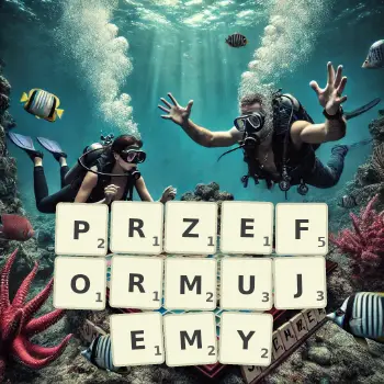 Kreatywna ilustracja do gry w Scrabble ze słowem PRZEFORMUJEMY ułożonym z płytek na planszy.