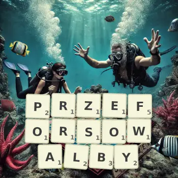 Kreatywna ilustracja do gry w Scrabble ze słowem PRZEFORSOWALBY ułożonym z płytek na planszy.