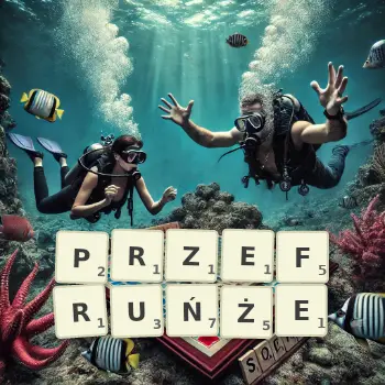 Kreatywna ilustracja do gry w Scrabble ze słowem PRZEFRUŃŻE ułożonym z płytek na planszy.