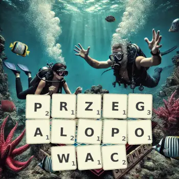 Kreatywna ilustracja do gry w Scrabble ze słowem PRZEGALOPOWAC ułożonym z płytek na planszy.