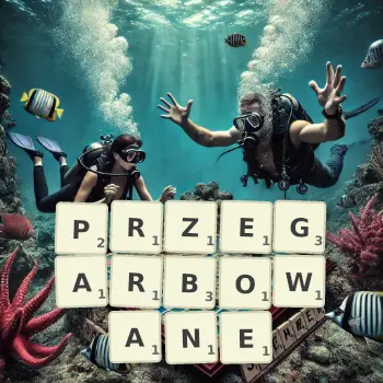 Kreatywna ilustracja do gry w Scrabble ze słowem PRZEGARBOWANE ułożonym z płytek na planszy.