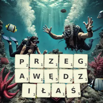 Kreatywna ilustracja do gry w Scrabble ze słowem PRZEGAWĘDZIŁAŚ ułożonym z płytek na planszy.