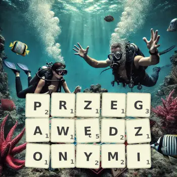 Kreatywna ilustracja do gry w Scrabble ze słowem PRZEGAWĘDZONYMI ułożonym z płytek na planszy.
