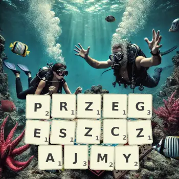 Kreatywna ilustracja do gry w Scrabble ze słowem PRZEGESZCZAJMY ułożonym z płytek na planszy.